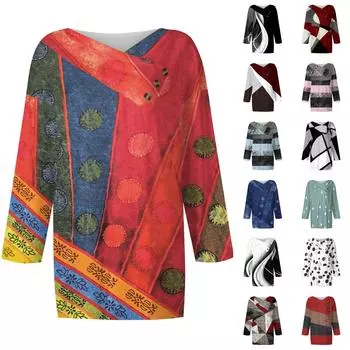 Женские топы, повседневные рубашки с пуговицами и рукавами 3/4, модные лоскутные блузки с принтом, футболки XL киноварь