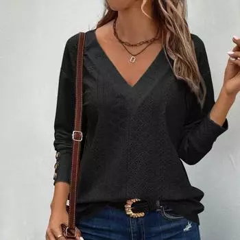 Женские топы, повседневные рубашки с V-образным вырезом, длинными рукавами и пуговицами S чёрный