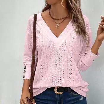 Женские топы, повседневные рубашки с V-образным вырезом, длинными рукавами и пуговицами S розовый