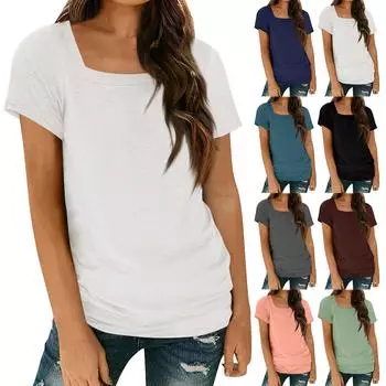 Женские топы, повседневные весенне-летние футболки с коротким рукавом и квадратным вырезом, базовые футболки L синий