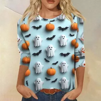 Женские топы Рубашка с рукавом три четверти V-образный вырез Свободная повседневная рубашка Футболка с принтом M