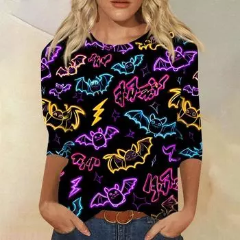 Женские топы Рубашка с рукавом три четверти V-образный вырез Свободная повседневная рубашка Футболка с принтом S