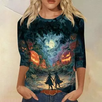 Женские топы Рубашка с рукавом три четверти V-образный вырез Свободная повседневная рубашка Футболка с принтом XXL