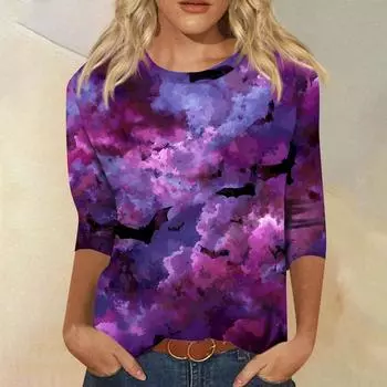 Женские топы Рубашка с рукавом три четверти V-образный вырез Свободная повседневная рубашка Футболка с принтом S фиолетовый