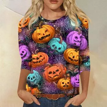 Женские топы Рубашка с рукавом три четверти V-образный вырез Свободная повседневная рубашка Футболка с принтом XL