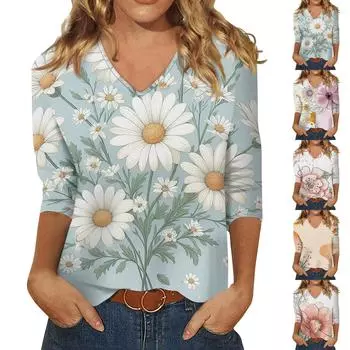 Женские топы, рубашка с рукавом три четверти, свободная повседневная рубашка с v-образным вырезом и цветочным принтом, летняя футболка L светло-розовый