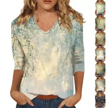 Женские топы, рубашка с рукавом три четверти, свободная повседневная рубашка с V-образным вырезом, футболка с цветочным принтом L армия зеленый