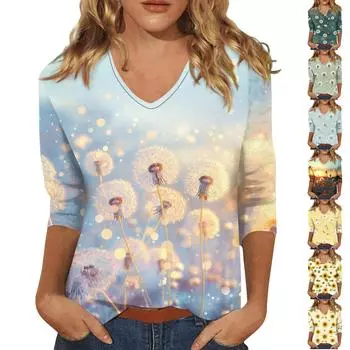 Женские топы, рубашка с рукавом три четверти, свободная повседневная рубашка с V-образным вырезом, футболка с цветочным принтом L темно-зеленого