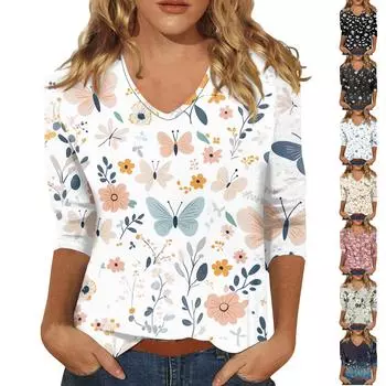 Женские топы, рубашка с рукавом три четверти, свободная повседневная рубашка с V-образным вырезом, футболка с цветочным принтом L чёрный
