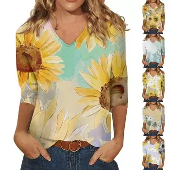 Женские топы, рубашка с рукавом три четверти, свободная повседневная рубашка с v-образным вырезом и цветочным принтом, летняя футболка L