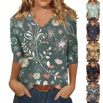 Женские топы, рубашка с рукавом три четверти, свободная повседневная рубашка с v-образным вырезом и цветочным принтом, летняя футболка M