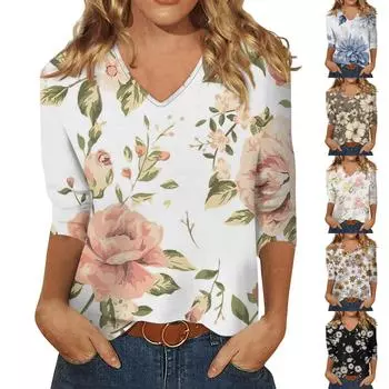 Женские топы, рубашка с рукавом три четверти, свободная повседневная рубашка с v-образным вырезом и цветочным принтом, летняя футболка L бежевый