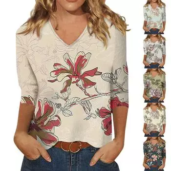 Женские топы, рубашка с рукавом три четверти, свободная повседневная рубашка с v-образным вырезом и цветочным принтом, летняя футболка L