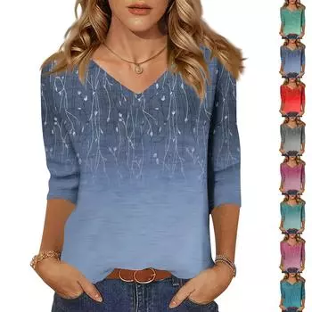 Женские топы, рубашка с рукавом три четверти, свободная повседневная рубашка с V-образным вырезом, футболка с цветочным принтом L циан