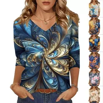 Женские топы, рубашка с рукавом три четверти, свободная повседневная рубашка с V-образным вырезом, футболка с цветочным принтом L синий
