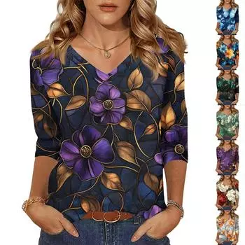 Женские топы, рубашка с рукавом три четверти, свободная повседневная рубашка с V-образным вырезом, футболка с цветочным принтом L синий