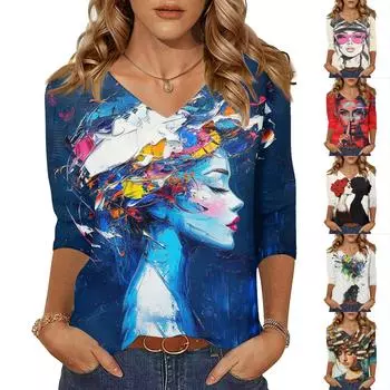Женские топы, рубашка с рукавом три четверти, свободная повседневная рубашка с V-образным вырезом, футболка с принтом персонажей XXL белый