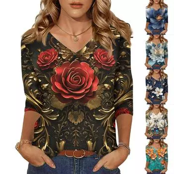 Женские топы, рубашка с рукавом три четверти, свободная повседневная рубашка с V-образным вырезом, футболка с цветочным принтом S золотой
