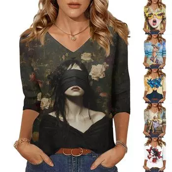 Женские топы, рубашка с рукавом три четверти, свободная повседневная рубашка с V-образным вырезом, футболка с принтом персонажей XXL