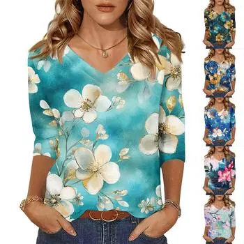 Женские топы, рубашка с рукавом три четверти, свободная повседневная рубашка с V-образным вырезом, футболка с цветочным принтом L циан