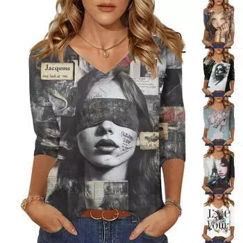 Женские топы, рубашка с рукавом три четверти, свободная повседневная рубашка с V-образным вырезом, футболка с принтом персонажей M