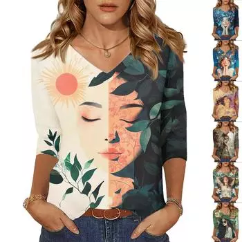 Женские топы, рубашка с рукавом три четверти, свободная повседневная рубашка с V-образным вырезом, футболка с принтом персонажей M зелёный