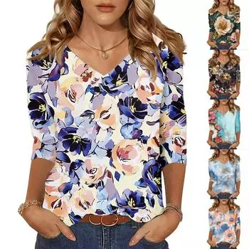 Женские топы, рубашка с рукавом три четверти, свободная повседневная рубашка с V-образным вырезом, футболка с цветочным принтом S чёрный