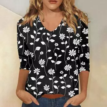 Женские топы, рубашка с рукавом три четверти, свободная повседневная рубашка с V-образным вырезом, футболка с цветочным принтом S темно-синий