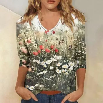 Женские топы, рубашка с рукавом три четверти, свободная повседневная рубашка с V-образным вырезом, футболка с цветочным принтом S
