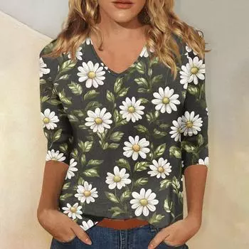 Женские топы, рубашка с рукавом три четверти, свободная повседневная рубашка с V-образным вырезом, футболка с цветочным принтом S темно-зеленого