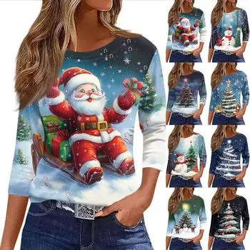 Женские топы, рубашка с семью рукавами, свободная футболка с круглым вырезом и принтом рождественского снеговика и елки S циан