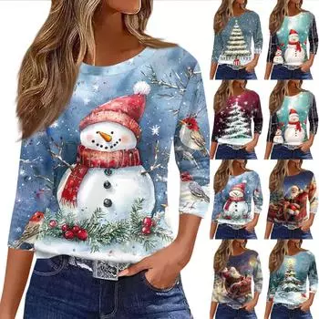 Женские топы, рубашка с семью рукавами, свободная футболка с круглым вырезом и принтом рождественского снеговика и елки L циан