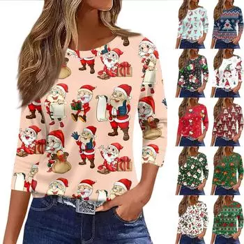 Женские топы, рубашка с семью рукавами, свободная футболка с круглым вырезом и принтом рождественского снеговика и елки XL красный