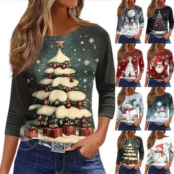 Женские топы, рубашка с семью рукавами, свободная футболка с круглым вырезом и принтом рождественского снеговика и елки XXL тёмно-синий