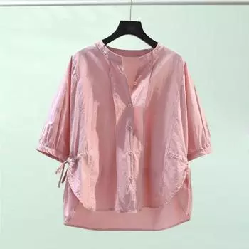 Женские топы, рубашка с v-образным вырезом на талии, свободная однотонная рубашка с одним полурукавом и шнурком, топы, уличная одежда XL розовый