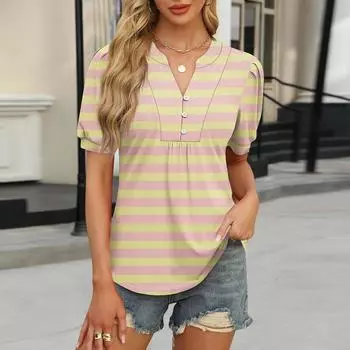 Женские топы, рубашки с коротким рукавом, повседневные летние топы с V-образным вырезом, плиссированные футболки на пуговицах, свободные туники, блузки L бежевый