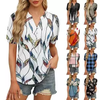 Женские топы, рубашки с коротким рукавом, повседневные летние топы с V-образным вырезом, плиссированные футболки на пуговицах, свободные туники, блузки L