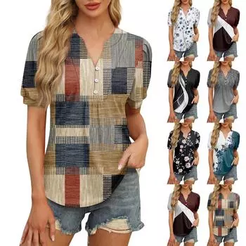 Женские топы, рубашки с коротким рукавом, повседневные летние топы с V-образным вырезом, плиссированные футболки на пуговицах, свободные туники, блузки L