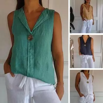 Женские топы-рубашки с v-образным вырезом без рукавов и пуговицами, свободный крой, пуловеры, однотонные повседневные топы на бретелях, уличная одежда L белый