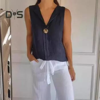 Женские топы-рубашки с v-образным вырезом без рукавов и пуговицами, свободный крой, пуловеры, однотонные повседневные топы на бретелях, уличная одежда L белый