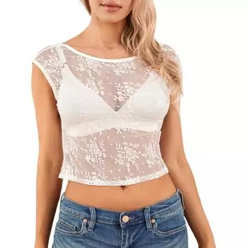 Женские топы, рукава-крылышки, открытая спина, прозрачное кружево, повседневная, для вечеринок, улиц, лето, короткая рубашка M белый