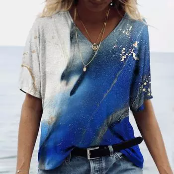 Женские топы с 3D-градиентным принтом и коротким рукавом с V-образным вырезом, летние футболки для влюбленных пар S