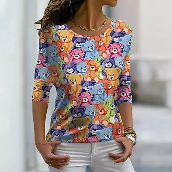 Женские топы с 3D красочным принтом «Маленький медвежонок», футболка с круглым вырезом и длинными рукавами, осенний повседневный тонкий пуловер, женский топ с длинными рукавами XS розовый