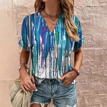 Женские топы с 3D V-образным вырезом и градиентом тай-дай Harajuku Одежда Свободный повседневный пуловер с короткими рукавами 2024 Новая футболка для покупок дома 2XL