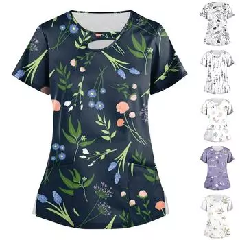 Женские топы с эластичным модным принтом и карманной футболкой с коротким рукавом