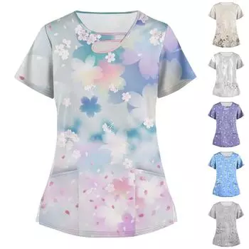 Женские топы с эластичным модным принтом и карманной футболкой с коротким рукавом M