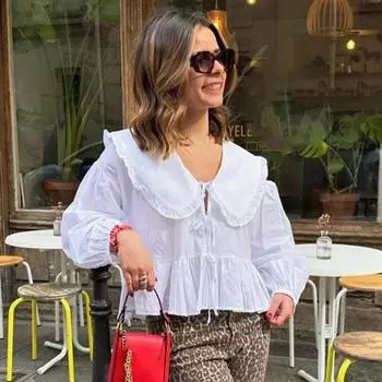 Женские топы с бантом, летние топы с кукольным воротником, блузка с длинными рукавами-фонариками, бантом, шнуровка, женская M