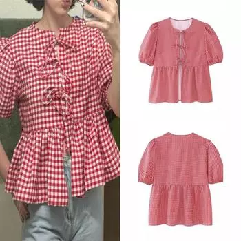 Женские топы с баской и завязками спереди, летние милые пышные свободные рубашки с короткими рукавами и круглым вырезом в клетку с принтом, весенне-осенние блузки в консервативном стиле Y2K XS арбуз красный