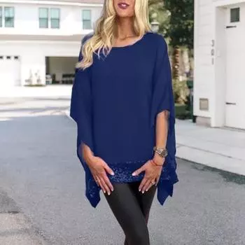 Женские топы с блестками и нерегулярным дизайном, свободные шалевые пуловеры, топы с круглым вырезом и рукавами «летучая мышь», мешковатая блузка на каждый день M темно-синий