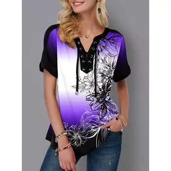 Женские топы с цветочным принтом, летняя свободная футболка с V-образным вырезом и коротким рукавом на шнуровке S